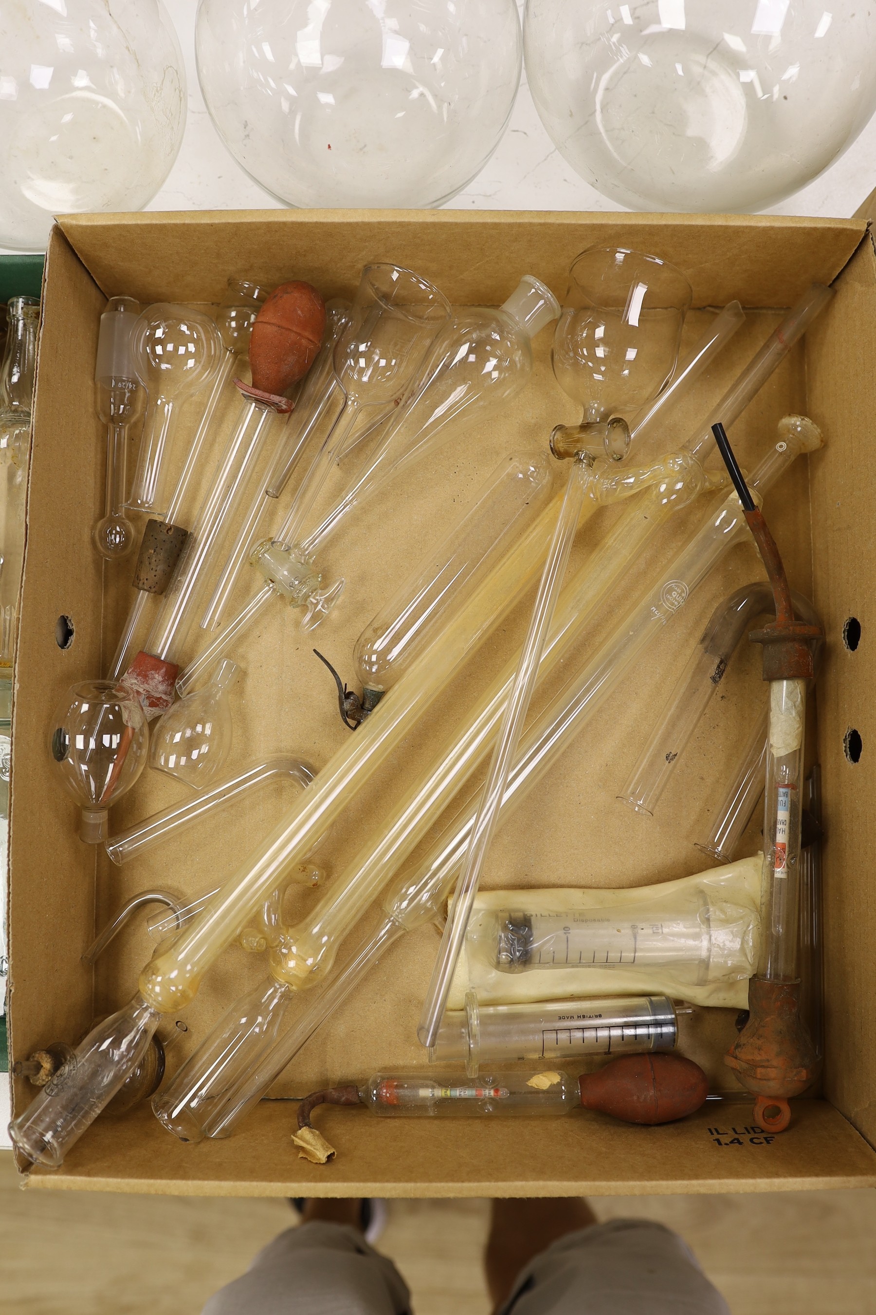 A pre-war chemistry set including stirring sticks, pipettes, tubes and bottles